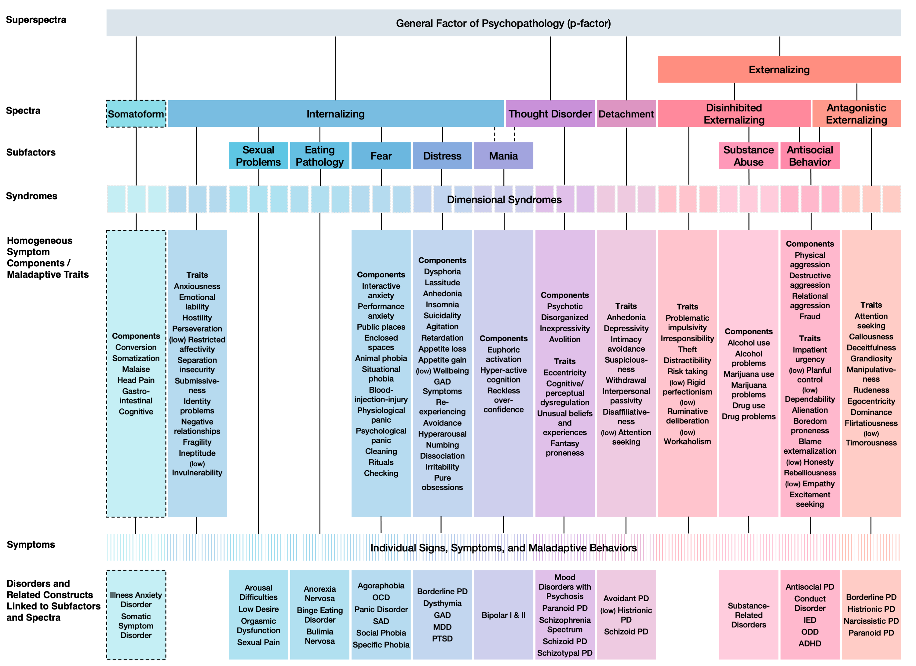 The HiTOP model: a general factor of psychopathology over six spectra (somatoform, internalizing, thought disorder, detachment, and disinhibited and antagonistic externalizing, the last two under an externalizing superspectrum), each branching into subfactors, dimensional syndromes, symptom components and maladaptive traits, down to single symptoms, with the disorders linked to each at the foot