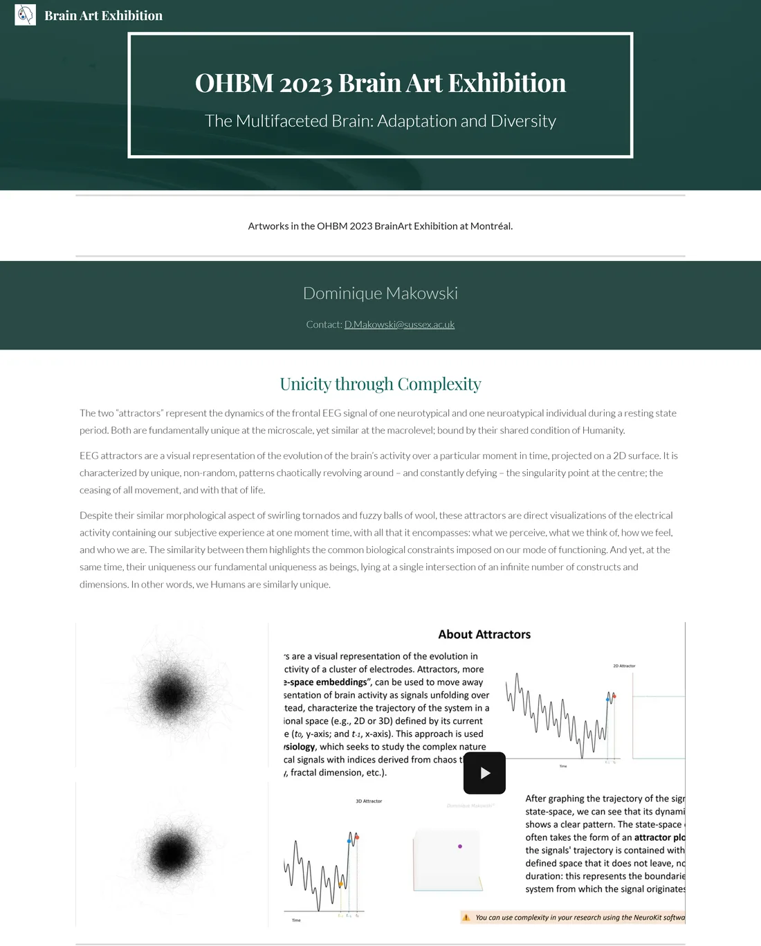 The 2023 Brain Art Exhibition catalogue page: the exhibition banner, the artist’s name, the entry titled ‘Unicity through Complexity’, its statement, and the two attractors beside the explanatory panel.