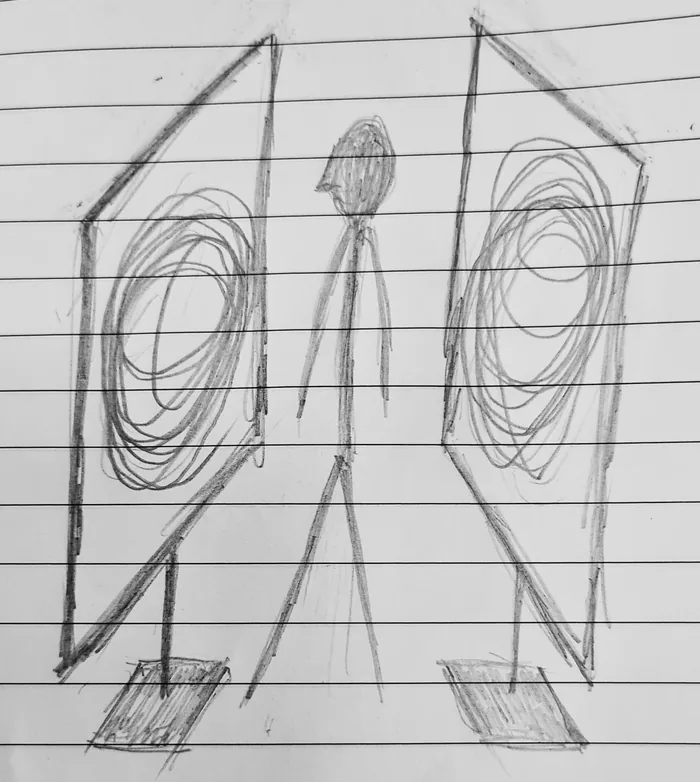 A pencil sketch on lined paper: a figure standing between two large framed canvases on easels, each showing a swirling attractor.