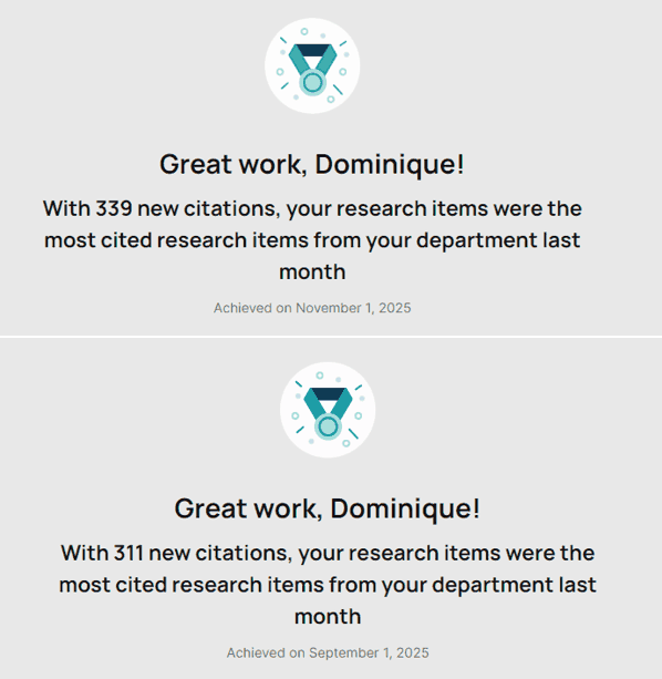 ResearchGate notice: most cited research items in the department, September and November 2025