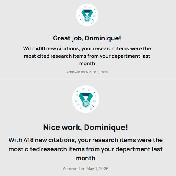 ResearchGate notice: most cited research items in the department, May and August 2026
