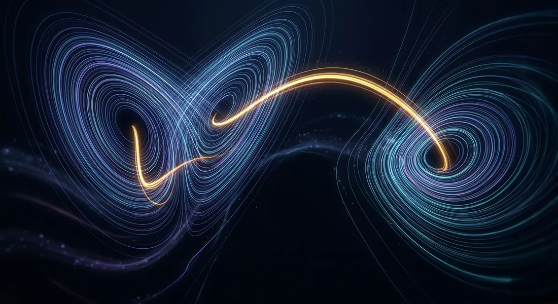 Two glowing spiral attractors joined by a single bright trajectory crossing between them.