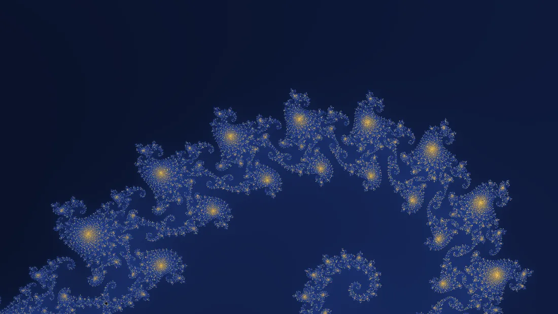 A deep zoom into the edge of the Mandelbrot set: gold spirals and seahorse shapes curling along a dark blue arc.
