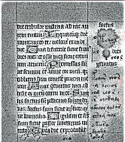 A grainy greyscale page of Gothic script; in its narrow right-hand margin, among a few handwritten notes, a small drawing with the outline of the Mandelbrot set.