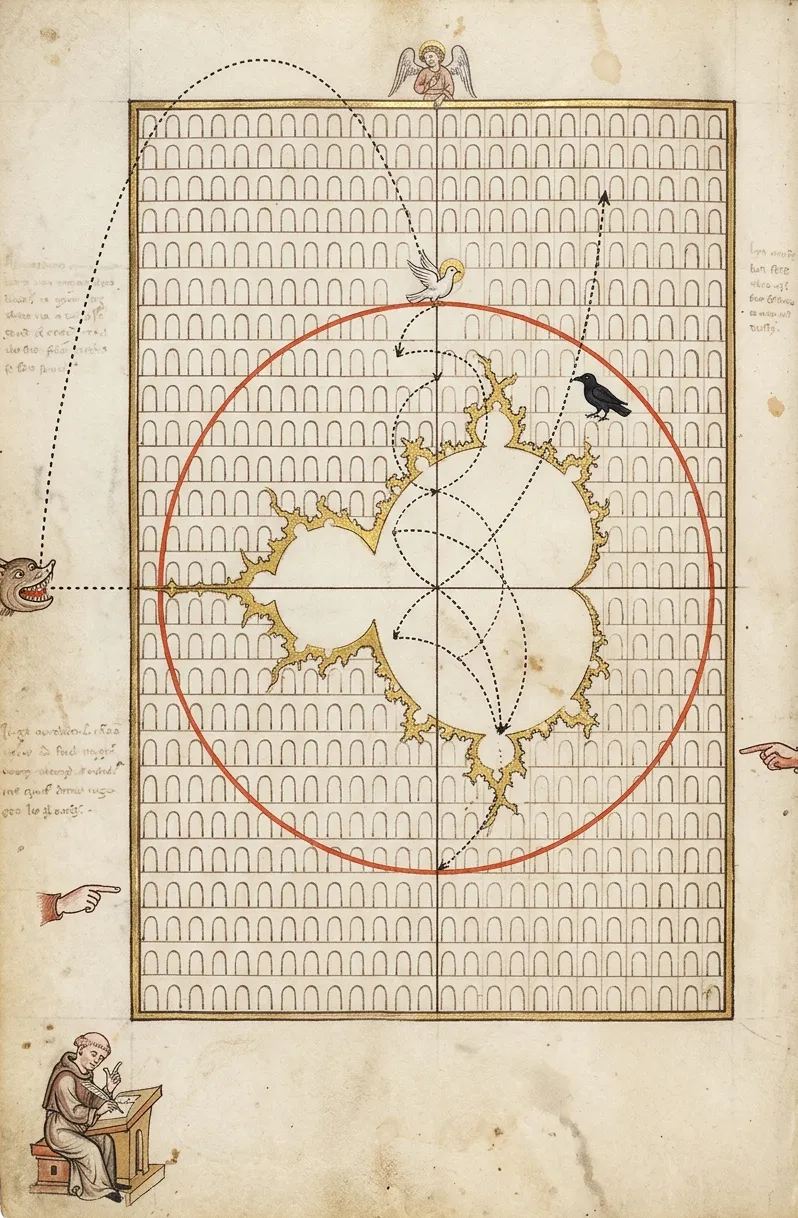 A medieval manuscript page. A large frame filled with rows of small arched niches holds a red circle and, inside it, a gilded Mandelbrot set. Dotted lines with arrows trace the yearly hops of a white dove and a black crow: most loop around inside the circle, one runs up and out of it, and one arcs over the margin into the mouth of a grinning monster. An angel looks down from the top margin, pointing hands mark the side margins, and a monk writes at a desk in the bottom corner.