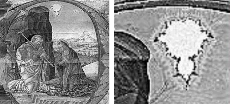 Two greyscale manuscript images side by side: a nativity scene inside a large illuminated initial, with a small bright star above the stable, and a close-up of that star, which has the outline of the Mandelbrot set.
